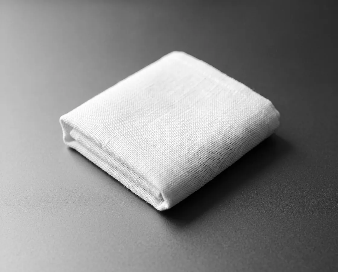 A white linen towel folded precisely like a letter